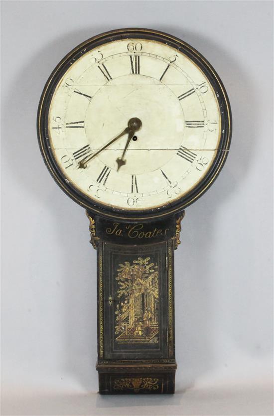 James Coates of Cirencester. A black japanned Act of Parliament clock, H.4ft 10in. W.2ft 6in.